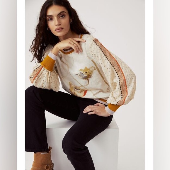 Anthropologie Tops - Bl-nk Contrast Eyelet Pullover Anthropologie in Cream  Mustard Yellow Medium